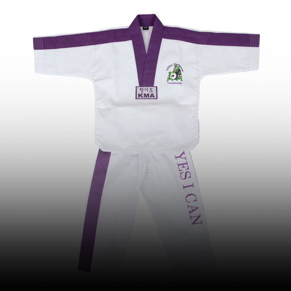 A white martial arts uniform with purple trim and accents. The top has a logo and the acronym "KMA" on it. The pants feature the motivational phrase "YES I CAN" in purple letters on one leg.