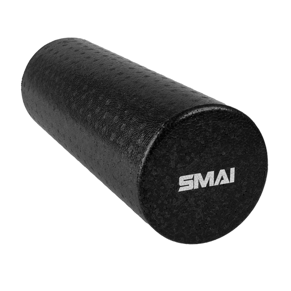 A black cylindrical foam roller with a textured surface and the brand name "SMAI" printed in white on one end, shown on a plain white background.