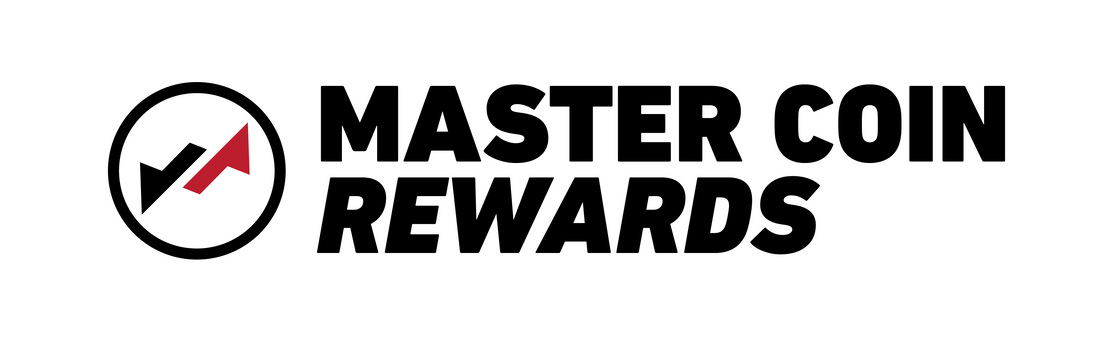 A logo with a black upward-pointing check mark and a red upward arrow inside a circle, next to bold black text reading "MASTER COIN REWARDS" on a white background.