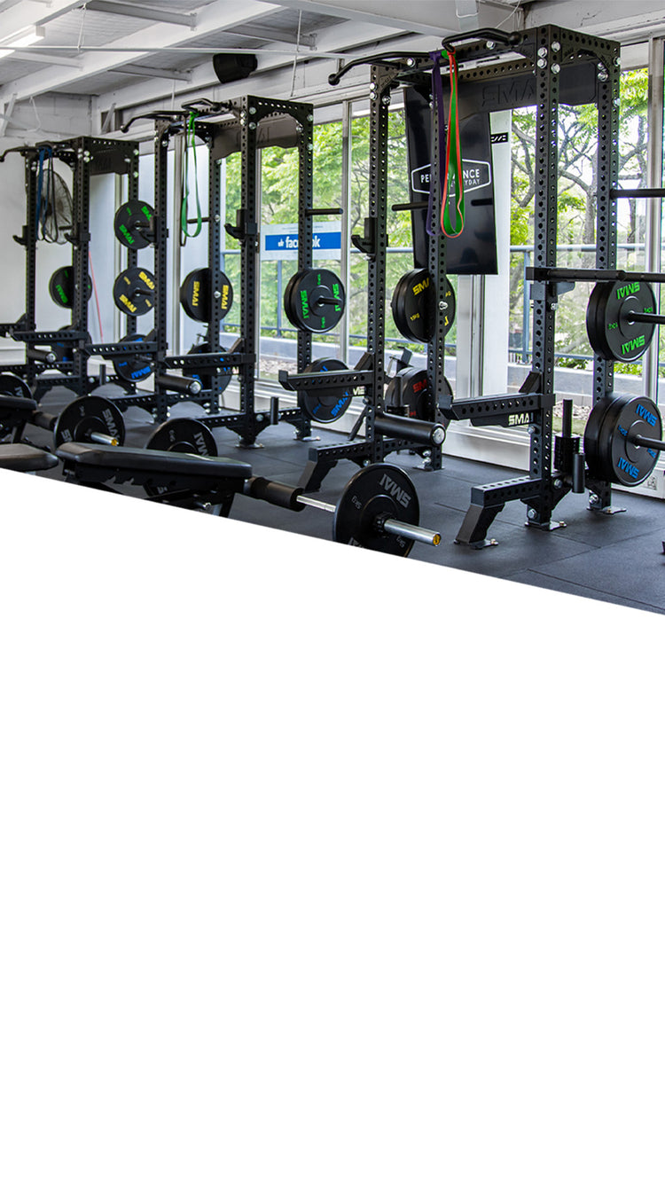 A gym with multiple squat racks, barbells, weight plates, and resistance bands, set near large windows that let in natural light, with greenery visible outside.