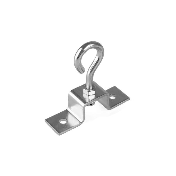 The Punch Bag Hook - Commercial Swivel and Spring Mount by SMAI is crafted from high tensile steel, featuring a shiny finish and a curved top for durability. It is designed with a small, flat bracket base that includes two screw holes to ensure secure installation, making it ideal for hanging heavier items such as a punching bag.