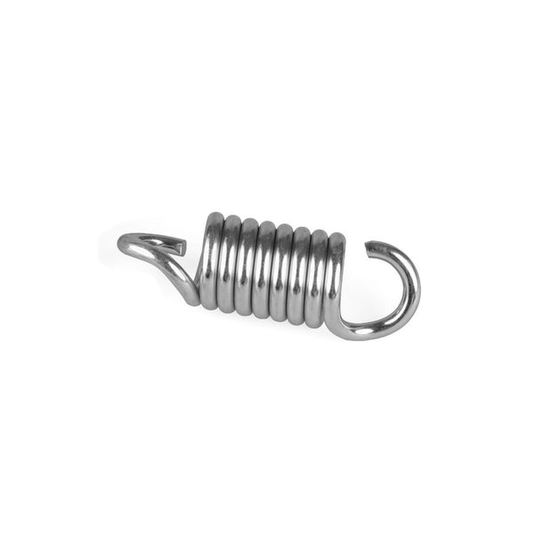 The image showcases the SMAI Punch Bag Hook - Commercial Swivel and Spring Mount. It features a close-up of its shiny, high tensile steel coil spring with tightly wound loops and hooks on each end, all set against a simple white background to emphasize its metallic texture.