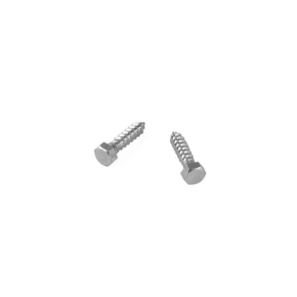 A pair of silver hex head screws, made from high tensile steel, rest on a simple white background. Featuring pointed ends and threaded bodies, these screws are ideal for securely fastening materials.