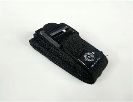 Introducing Sale Item's Yoga Strap: a black coiled nylon strap equipped with a plastic buckle and metal clasp, perfect for securing or tightening various items. Its adjustable length offers great versatility, and it is neatly folded against a simple white backdrop.