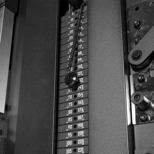 Free Standing Cable Tower Lat Pull / Low Row close up of weight stack