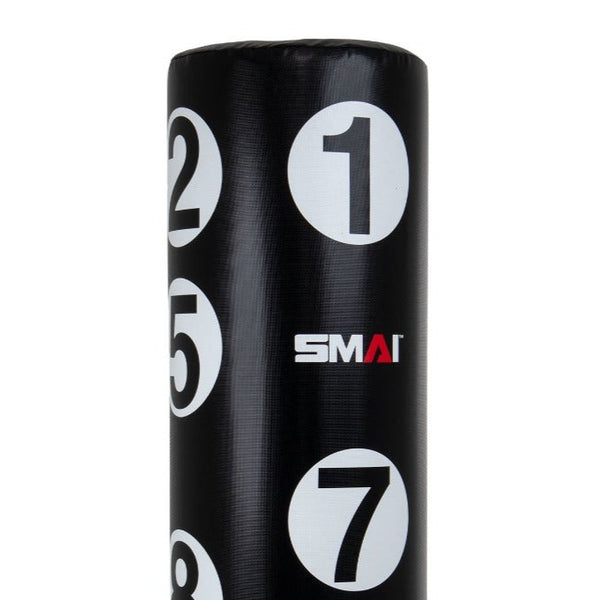 This freestanding punching bag, part of the Punch Master Series, displays white circular targets numbered 1, 2, 5, 7, and 8 vertically. The "SMAI" brand is showcased prominently in the center. It provides a versatile workout experience suitable for all skill levels.