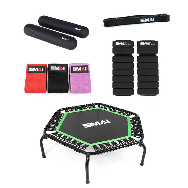 The SMAI Rebounder Mini Trampoline Pack includes a rebounder mini trampoline, red, black, and purple resistance bands, two foam rollers, ankle weights, and a long resistance loop—all featuring the SMAI brand.