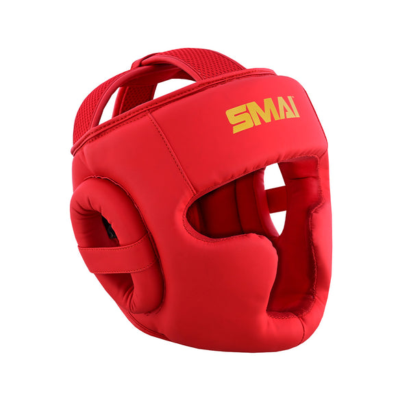 The PRE-ORDER: Gold Series Boxing Headgear - Red/Gold by SMAI features multi-layer EVA padding and face protection, with "SMAI" in yellow on the forehead for enhanced safety during combat sports.
