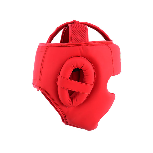 The SMAI PRE-ORDER: Gold Series Boxing Headgear - Red/Gold offers multi-layer EVA protection, ear coverage, ventilation holes, and a chin strap—ideal for head safety in martial arts or boxing.