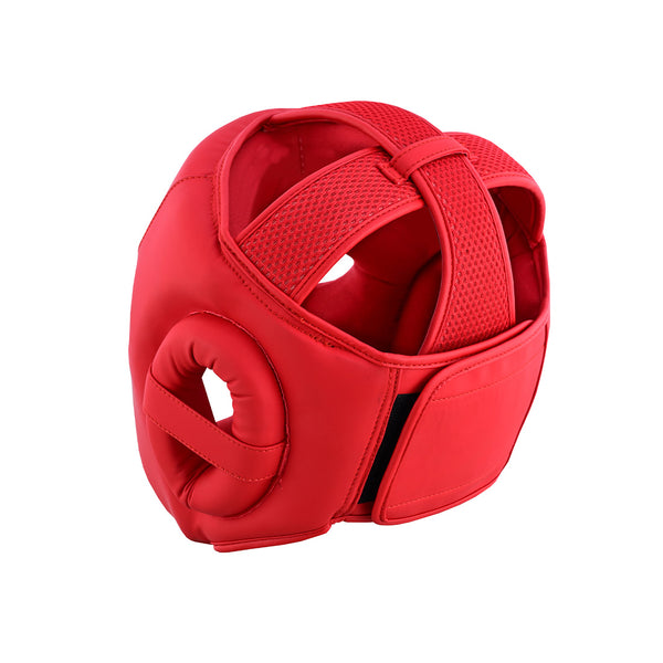 The SMAI PRE-ORDER: Gold Series Boxing Headgear - Red/Gold features multi-layer EVA padding, ear guards, and adjustable Velcro straps, displayed against a white background.