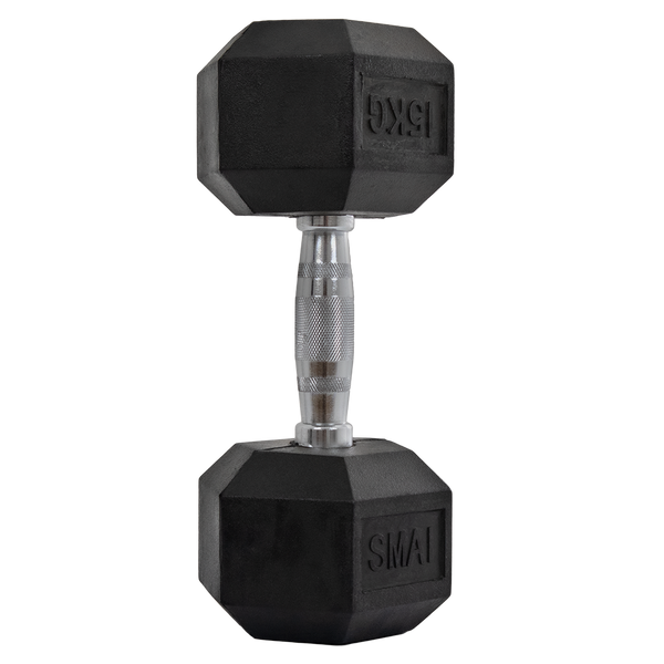 A black rubber hex dumbbell with a textured silver metal handle, labeled with its weight, standing upright on a white background.