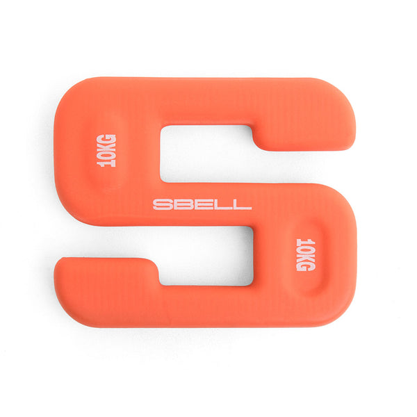 An orange, S-shaped weight stamped with "SBELL" and "10KG" is displayed on a white background, making it a perfect choice for fitness enthusiasts aiming to enhance their workouts. Ideal for both home setups and the SBELL Commercial Gym Package offered by No Sync To Channel Engine.