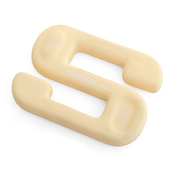 A beige S-shaped weight from No Sync To Channel Engine, labeled "SBELL Chalk 4kg," is perfect for free weight training, lying elegantly on a white background.