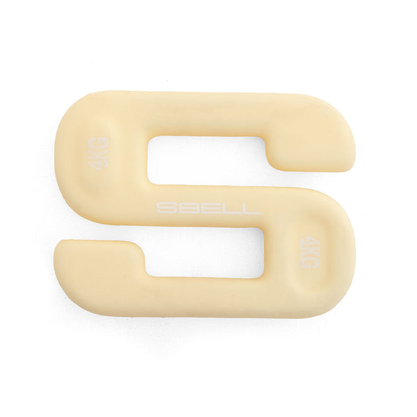 A beige, S-shaped dumbbell from the "SBELL Home Gym Package," made by No Sync To Channel Engine and labeled "4KG," rests on a white background. Featuring soft, rounded edges and an open center, it's ideal for fitness enthusiasts seeking space-saving solutions.