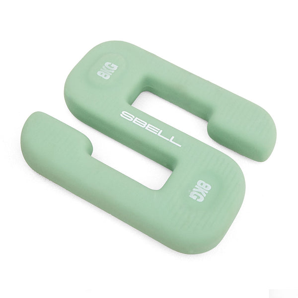 A pair of green weight plates labeled "8KG" on a white background prominently display the brand name "No Sync To Channel Engine." These plates, part of the SBELL Intermediate pack, are perfect for home gym setups and feature a unique cut-out design ideal for free weight training enthusiasts.