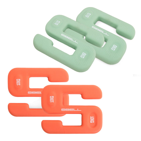 Two pairs of U-shaped dumbbells from the SBELL Advanced Pack, ideal for strength and conditioning training: one pair is green and marked as 8 kg, while the other is orange and marked as 10 kg. Each weight prominently features the SBELL brand, making them perfect for dedicated free weight training enthusiasts.