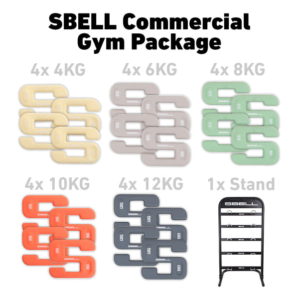 A vibrant image displaying the No Sync To Channel Engine SBELL Commercial Gym Package, ideal for fitness enthusiasts. This package includes 4 sets each of 4kg, 6kg, 8kg, 10kg, and 12kg weights in lively colors and comes with the SBELL Stand for easy storage.