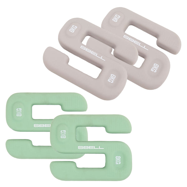 The SBELL Intermediate pack from No Sync To Channel Engine includes four 8 kg S-shaped dumbbells—two in light gray and two in pastel green. These dumbbells are perfect for your home gym and ideal for free weight training sessions, with "SBELL" printed on the side of each.