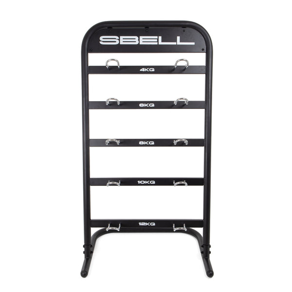 The SBELL Home Gym Package, offered by No Sync To Channel Engine, includes a sleek black dumbbell rack that is ideal for fitness enthusiasts, featuring five shelves specifically labeled to hold weights of 4 kg, 6 kg, 8 kg, 10 kg, and 12 kg. Its space-saving freestanding design with a curved top adds both functionality and style to any workout space.