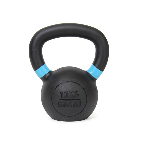 A 10 kg kettlebell from the "No Sync To Channel Engine" brand, designed with a sleek black finish and a stylish blue stripe near the handle. Its smooth, powder-coated surface enhances its aesthetic appeal.