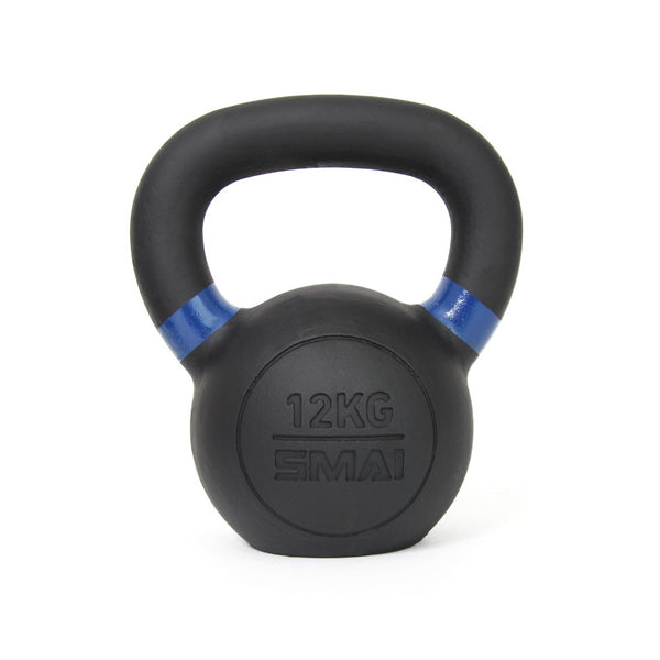 The Cast Iron Kettlebell from the No Sync To Channel Engine line features color-coded handles with a blue stripe and is marked with "12KG" and "SMAI" on the front, making it perfect for an effective kettlebell workout.