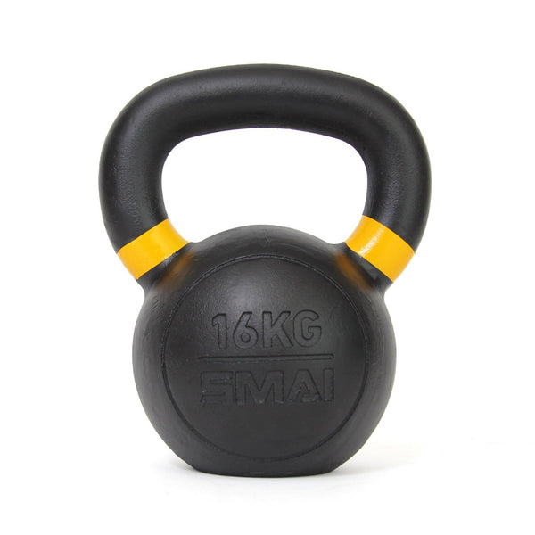 A robust, black 16kg kettlebell from the Cast Iron Kettlebell Set by No Sync To Channel Engine, showcasing a powder-coated finish with yellow accents and "16KG" plus "SMAI" embossed on its cast iron body, placed upright against a simple white background.