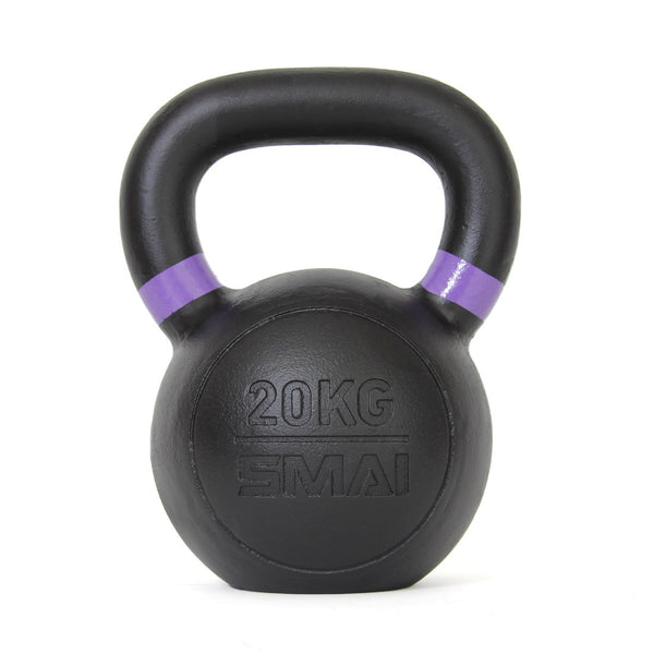A black cast iron kettlebell weighing 20 kilograms features a purple color-coded stripe on the handle. The brand "No Sync To Channel Engine" is embossed on the front, making it perfect for your kettlebell workout needs.