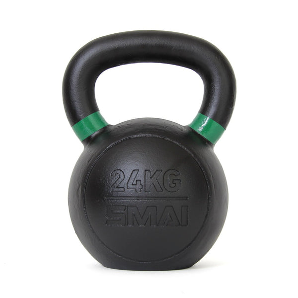 A 24 kg cast iron kettlebell in black showcases green color-coded accents on the handle for easy identification during your workout, with "No Sync To Channel Engine" prominently displayed on the front for assurance of quality and durability.