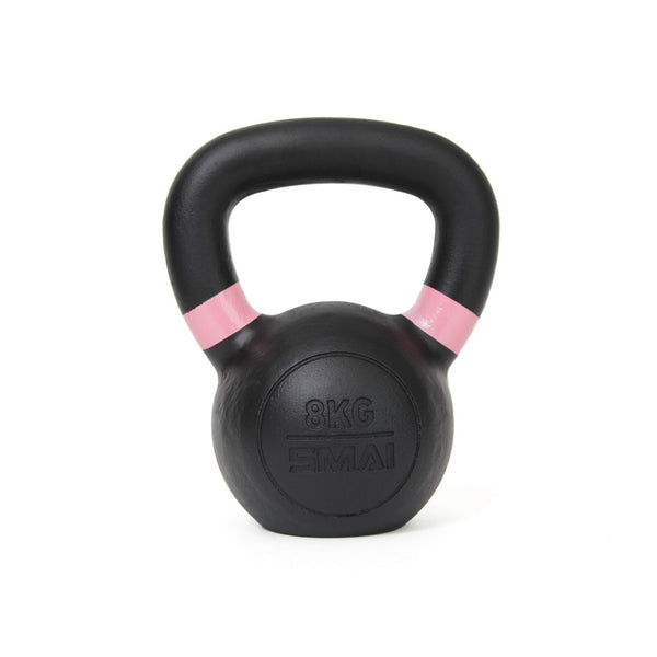 An 8 kg durable kettlebell in sleek black with a pink stripe around the handle, boasting a powder-coated surface, features "No Sync To Channel Engine" embossed on the front, enhancing its appeal.