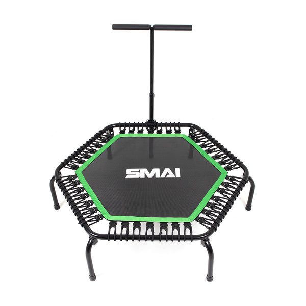 The Rebounder Mini Trampoline 50" by SMAI boasts a stylish black and green hexagonal design, featuring a robust frame and bungee cords to boost performance. It comes with an adjustable stabilizer arm for extra support, and the SMAI brand logo is prominently showcased on the jumping surface.