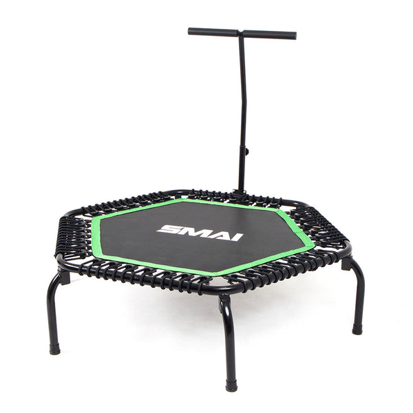 The SMAI Rebounder Mini Trampoline 50" is a hexagonal fitness trampoline featuring a black surface with green trim and a central support bar. It utilizes bungee cords for a resilient bounce and is equipped with six legs for enhanced stability.