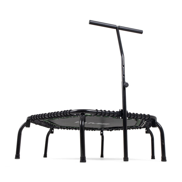 The SMAI Rebounder Mini Trampoline 50" features an adjustable handlebar and comes in black. It offers multiple legs for stability, a circular jumping surface, and is equipped with bungee cords for excellent shock absorption, making it the ideal fitness equipment.