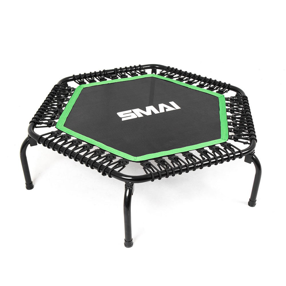 Introducing the SMAI Rebounder Mini Trampoline 50", perfect for fitness enthusiasts seeking a compact solution. This trampoline features sturdy black legs and a chic black jumping mat outlined in green, prominently displaying "SMAI" in white. Ideal for low-impact workouts, it incorporates durable bungee cords for enhanced performance.