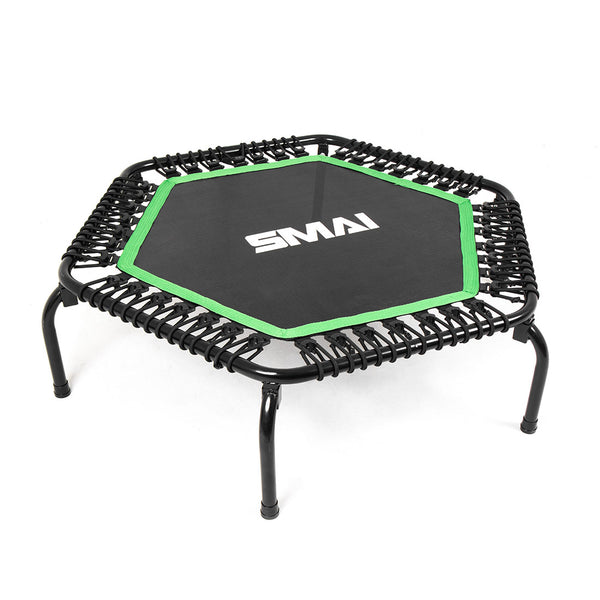 Introducing the SMAI Rebounder Mini Trampoline 50", perfect for fitness enthusiasts seeking a compact solution. This trampoline features sturdy black legs and a chic black jumping mat outlined in green, prominently displaying "SMAI" in white. Ideal for low-impact workouts, it incorporates durable bungee cords for enhanced performance.