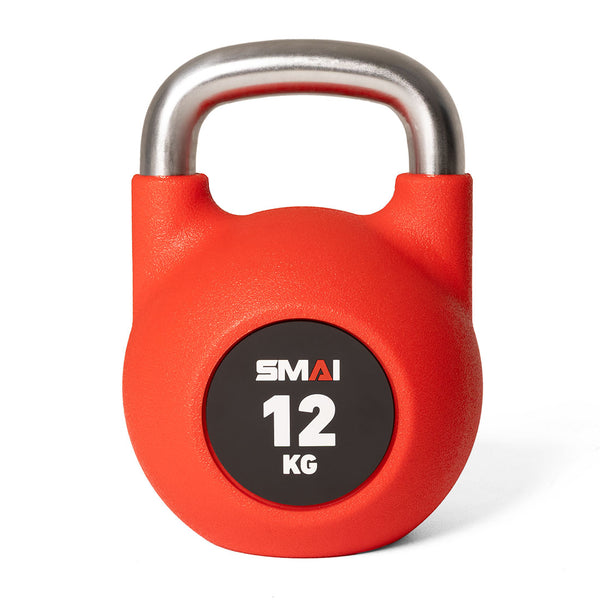The 12-kg red Premium Polyurethane Kettlebell by SMAI features a durable stainless steel silver handle. Its black center circle is marked with "SMAI," offering excellent rust and scratch resistance for long-lasting quality.