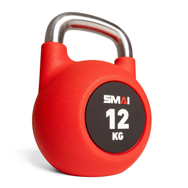 The SMAI Premium Polyurethane Kettlebell, featuring a durable red design and stainless steel handle, showcases "SMAI 12 KG" in white on a black circle. Resistant to rust and scratches, it elegantly contrasts against the plain white background.