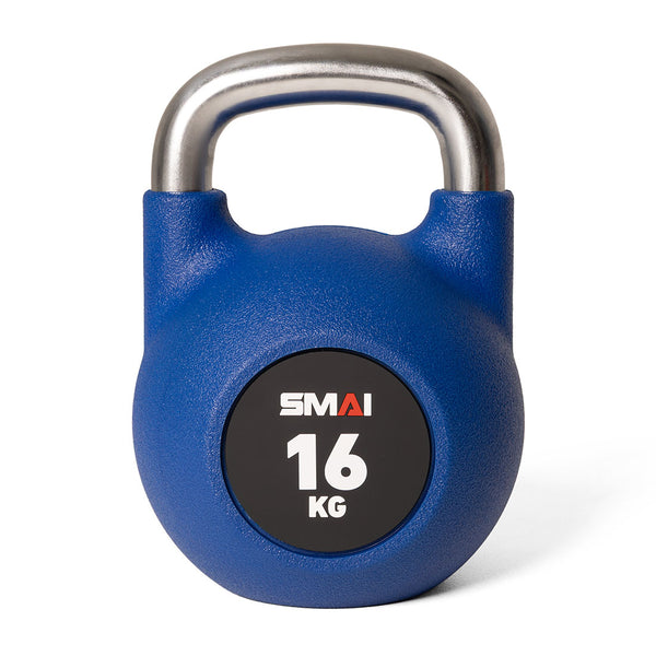 The blue 16 KG SMAI Premium Polyurethane Kettlebell features a stainless steel handle and is designed for superior rust and scratch resistance.