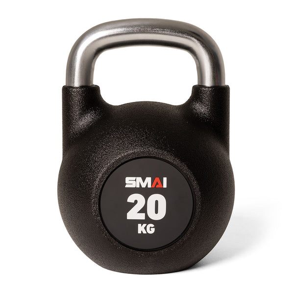 The SMAI Premium Polyurethane Kettlebell features a black body, stainless steel handles, marked with "SMAI" and "20 KG," and is designed to resist rust and scratches against a plain white background.