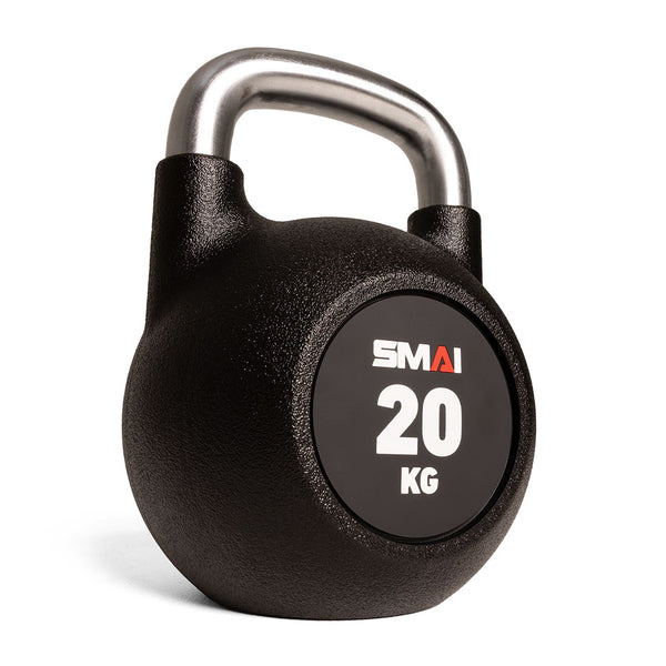 The SMAI Premium Polyurethane Kettlebell, labeled "SMAI 20 KG," features a rust-resistant, scratch-proof textured finish and a sleek shiny stainless steel handle, blending durability with elegant design.