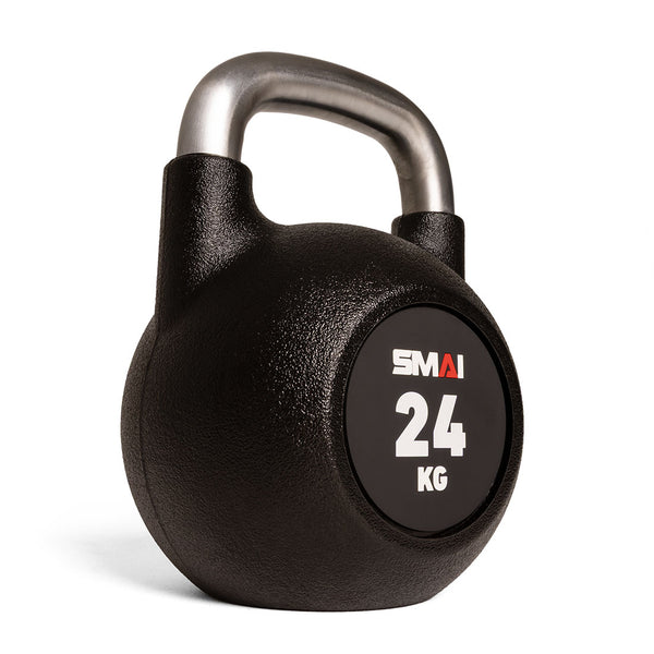 A 24 kg black Premium Polyurethane Kettlebell by SMAI, featuring a textured surface for enhanced grip and stainless steel handles resistant to rust and scratches. The label clearly displays the weight and brand name.