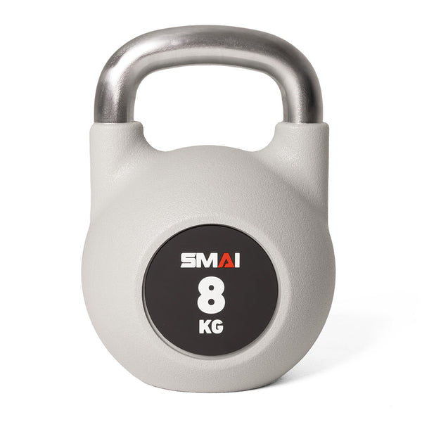 A premium gray polyurethane kettlebell, featuring a shiny stainless steel handle and marked "SMAI" and "8 KG" on a black patch, offers exceptional rust and scratch resistance. It is elegantly showcased against a white background.