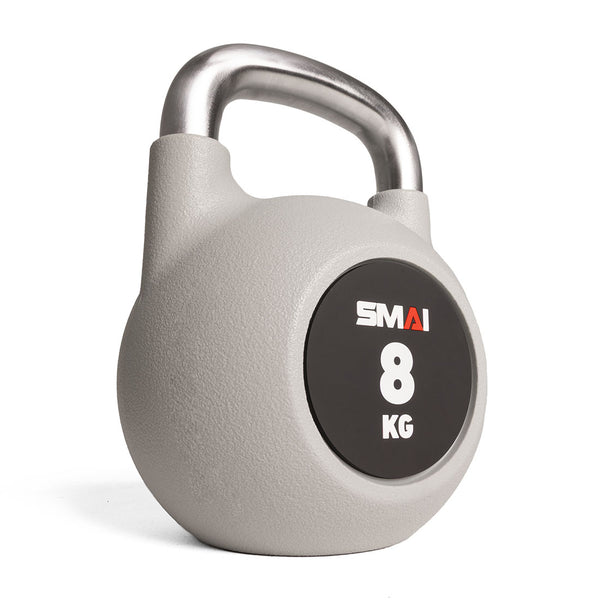 The 8kg grey Premium Polyurethane Kettlebell from SMAI has a shiny stainless steel handle, is rust and scratch-resistant, and features the "SMAI" logo above the weight on a black circular area. It's displayed on a plain white background.
