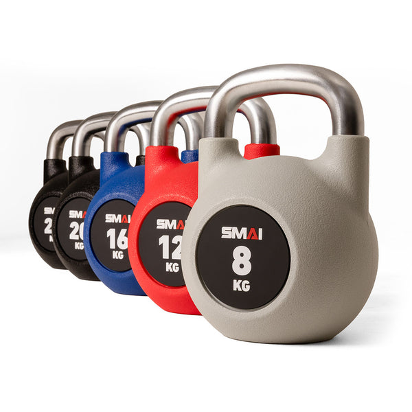Five Premium Polyurethane Kettlebells (PU), ranging from 8 kg to 24 kg, are lined up. They come in gray, red, blue, and black with rust-resistant stainless steel handles. Each proudly displays the SMAI brand.