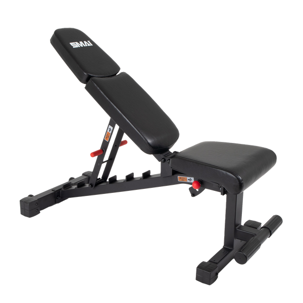 Adjustable black workout bench with padded seat and backrest, set on a metal frame with multiple incline settings and adjustment levers, designed for strength training exercises.