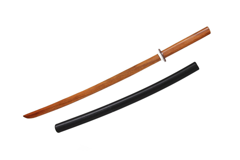 A wooden practice sword with a rounded guard and a brown handle, shown next to a black scabbard, both on a white background.