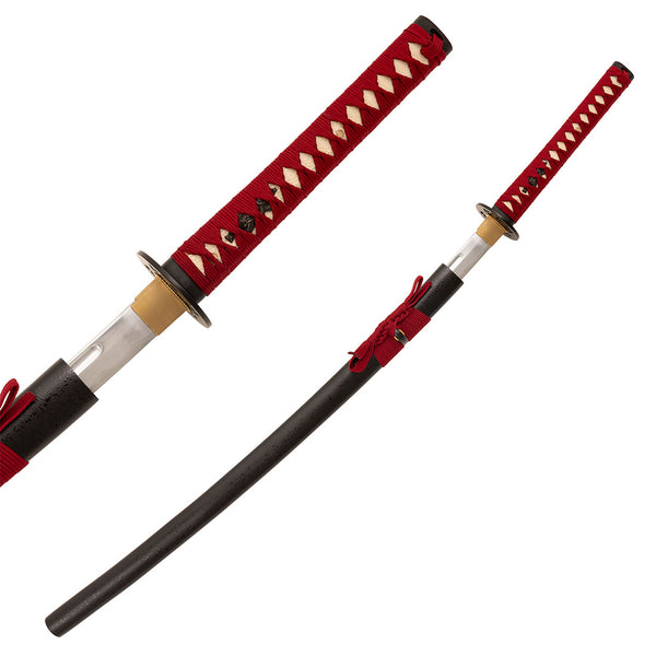 The SMAI Aluminium Red Display Katana - Solmure features a black scabbard and a red and white cord-wrapped handle with diamond patterns. Perfect for display, the partially visible blade sits beside the sheathed sword.