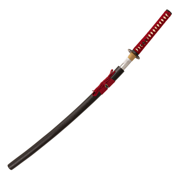 The SMAI Aluminium Red Display Katana - Solmure features a red-wrapped handle, black scabbard, and traditional accents—perfect for display or safe practice.