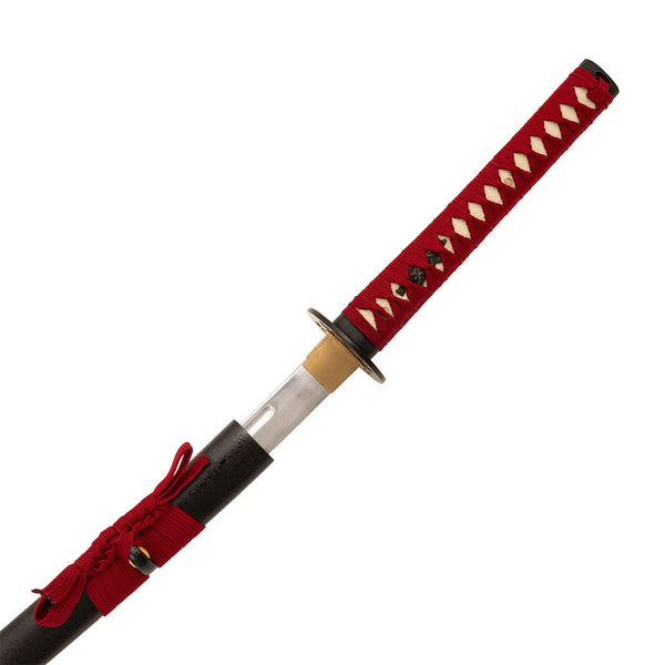 The SMAI Aluminium Red Display Katana - Solmure features a partially drawn blade, red and black diamond-patterned handle, decorative guard, and black sheath with matching red cord—perfect as a display sword for any collection.