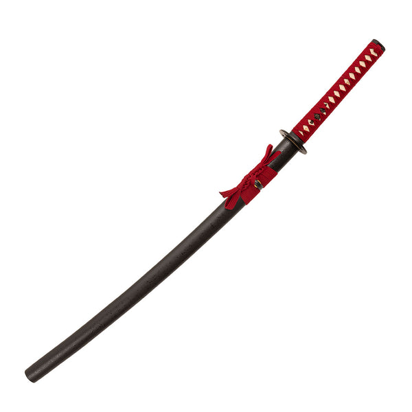 The SMAI Aluminium Red Display Katana - Solmure features a red and white wrapped handle, decorative tassel, and black scabbard, shown on a white background.