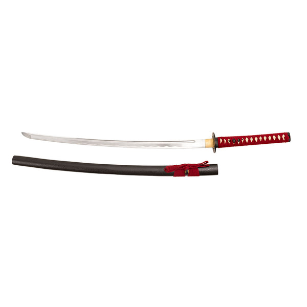The SMAI Aluminium Red Display Katana - Solmure features a curved aluminium blade, a red-wrapped handle, and a black scabbard with a matching red cord, perfect for traditional Japanese display.
